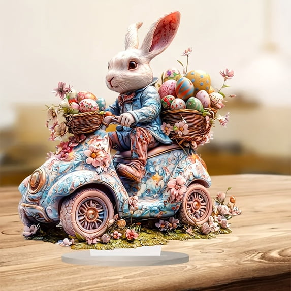 Beautynvta Easter Decorations, 2D Flat Acrylic Bunny Ornaments, Spring Rabbit Driving Flower Car with Eggs Basket, Festive Decorative Accessories for Home Living Room and Bedroom