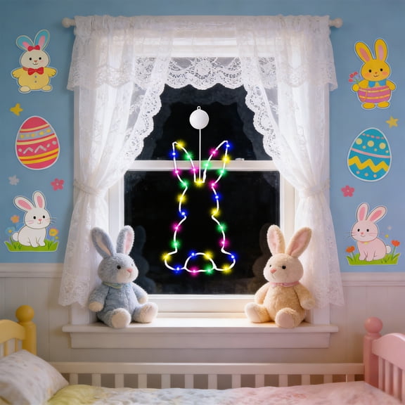 Beautynvta Easter Decorations, Bunny Shaped LED Window Lights, Battery Operated With Timer, Festive Hanging LED Lights for Home Window & Wall Decoration