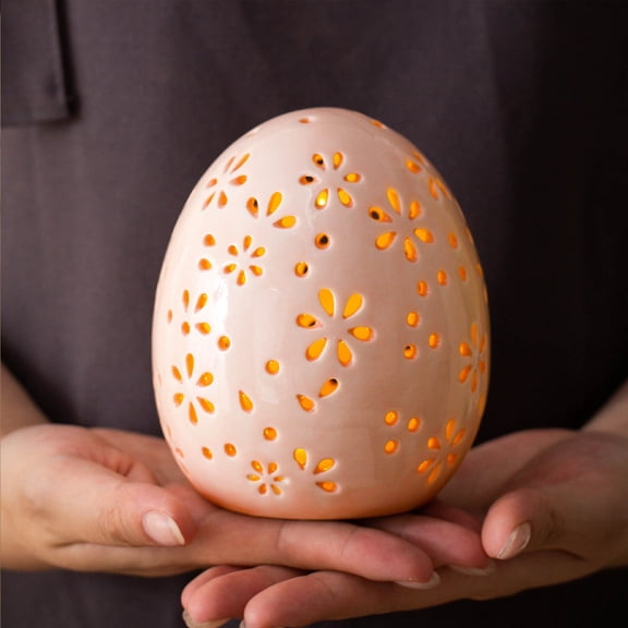 Beautynvta Easter Decorations, Ceramic Lighted Egg Candle Holder, Flower Egg Small Night Light, Hollow Eggs Craft Ornament for Spring Easter Tabletop Decor