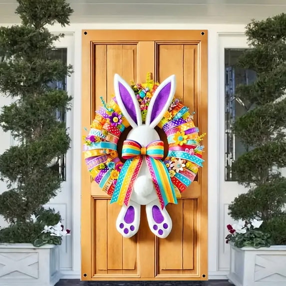 Beautynvta Easter Door Cover, 71''x35'' Cute Bunny Wreath Door Banner, Spring Door Decoration for Front Door Porch Entryway Easter Party Decor