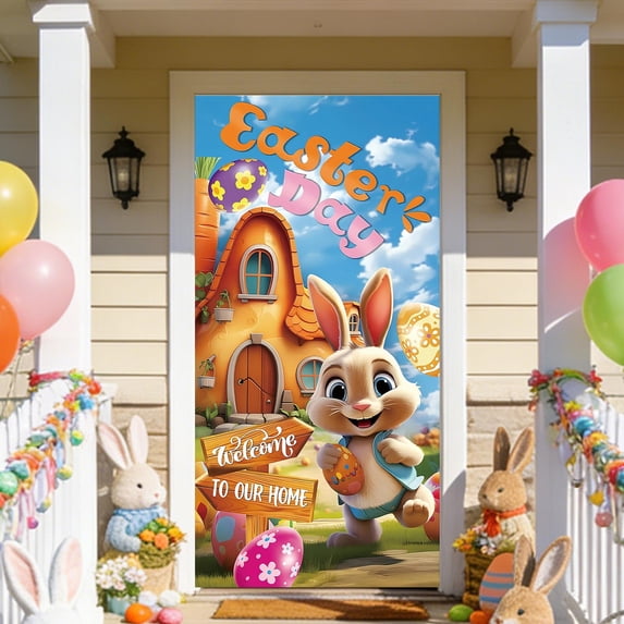 Beautynvta Easter Door Cover Banner, 35"x71" Happy Easter Egg Bunny House Design, Easy-Hang Front Door Curtain for Porch, Entryway and Holiday Party Backdrop