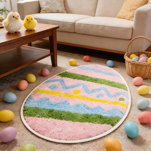 Beautynvta Easter Egg Floor Mat, Colorful Stripes Bathroom Rug, Egg Shaped Easter Door Mat, Non-Slip Washable Absorbent Bath Mat for Shower Tub Bedroom Decor, 23.6x15.7 Inch