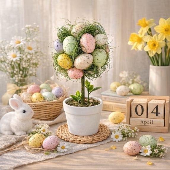 Beautynvta Easter Egg Plant Potted Decor, Artificial Mini Easter Egg Tree with Colorful Spotted Eggs, Spring Tabletop Centerpiece for Home, Office and Holiday Display, 4''x7.5''