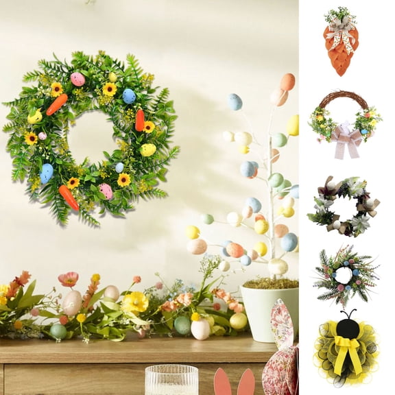Beautynvta Easter Egg Wreath, Artificial Pine Needle Wreath with Colorful Eggs, Spring Greenery Wreath for Front Door Holiday Wall Window Home Decor