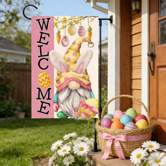 Beautynvta Easter Garden Flag, 12"x18" Double Sided Welcome Flag, Easter Gnome Linen Flag Outdoor Yard Decor for Spring Holiday Display