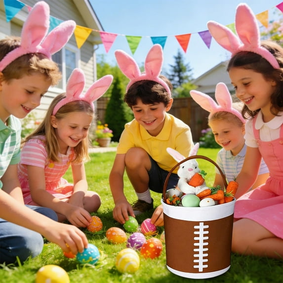 Beautynvta Easter Gift Bags with Handle, Football Shaped Reusable Easter Egg Hunt Baskets and Candy Storage Buckets, Personalized Easter Tote Bag for Holiday Party Supplies