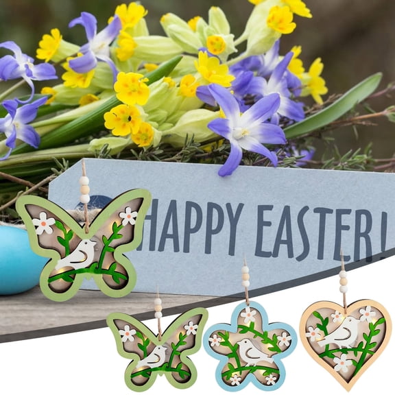 Beautynvta Easter Ornaments with Lights, Heart Shaped Wooden Spring Bird Hanging Ornaments, Easter Decorative Pendant for Small Tree Home Indoor Decor