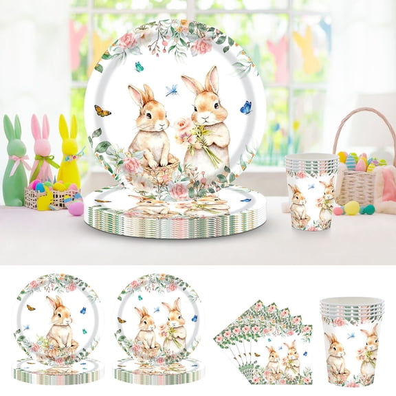 Beautynvta Easter Party Tableware Set, 80 Pcs Spring Flower Bunny Paper Plates Napkins Cups, Disposable Party Dinnerware Set for Spring Holiday Birthday Party Supplies, Serve 20