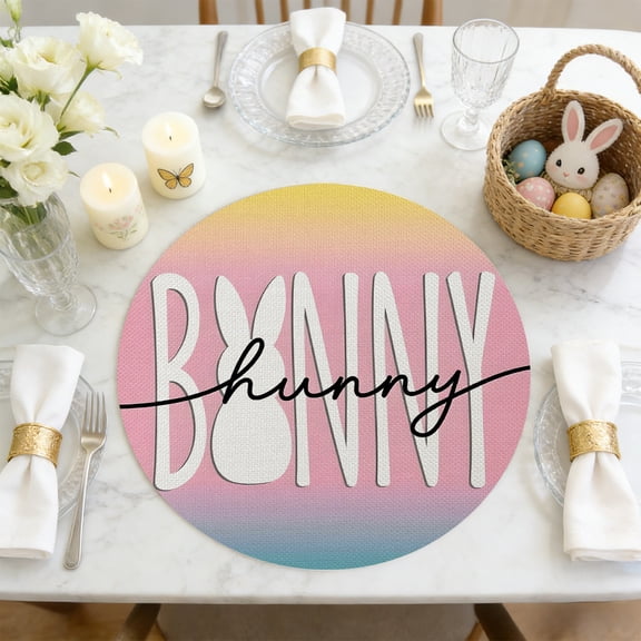 Beautynvta Easter Placemats, 14.2'' Round Linen Spring Bunny Placemats, Bunny Letter Signs Decorative Table Mats for Kitchen Dining Outdoor Indoor Easter Party Decoration