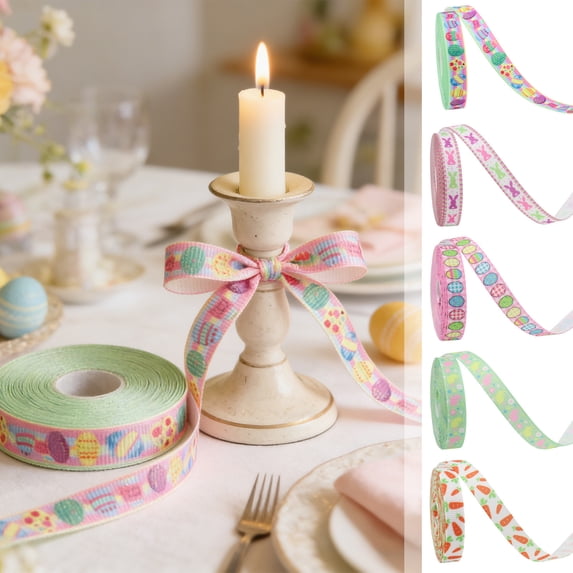 Beautynvta Easter Ribbon, 14.76 Ft/Roll, 0.39'' Width, Colorful Easter Egg Printed Weaving Ribbon for Gift Wrapping Easter Basket Wreaths Decoration