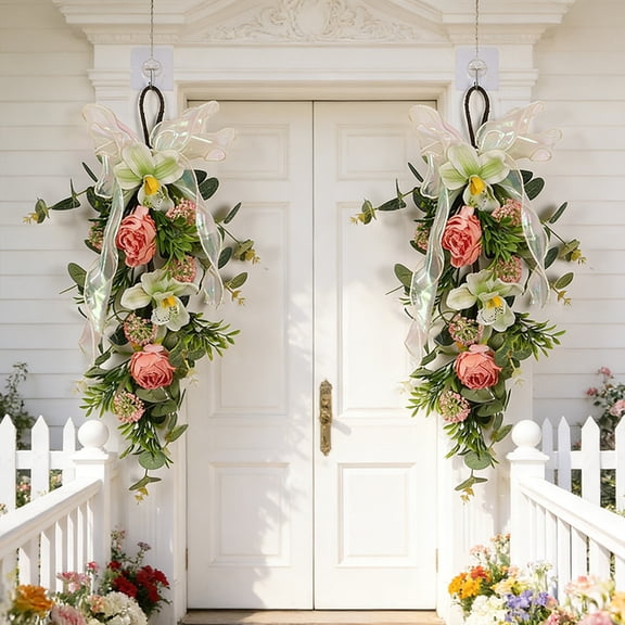 Beautynvta Easter Spring Flower Teardrop Swags, 19.6'' Artificial Floral Swag Wreath for Front Door, Fake Eucalyptus Hanging Swags for Home Outdoor Window Wall Decor