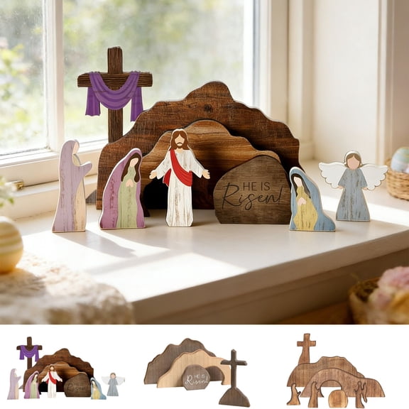 Beautynvta Easter Tabletop Decoration, Empty Tomb Easter Scene and Cross Decoration, Wooden Easter Resurrection Scene Tray Set for Religious Home Office Tabletop Christian Gifts
