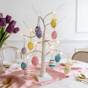 Beautynvta Easter Tree Lights with 12 Pcs Easter Egg Pendants, 23.6'' Easter Lighted Birch Tree Tabletop Artificial Tree Lamp Battery Operated for Easter Decor