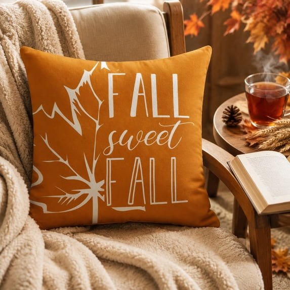 Beautynvta Fall Throw Pillow Cover, Orange Maple Leaf Printed Autumn Pillowcase, Square Linen Cushion Case for Thanksgiving Farmhouse Sofa Couch Decor