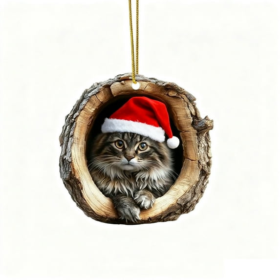 Beautynvta Forest Animal Christmas Ornaments, 3.15'' Cozy Xmas Cat in Tree Hole Ornaments for Christmas Tree, Personalized Acrylic Hanging Ornament, Gifts for Animals Lovers