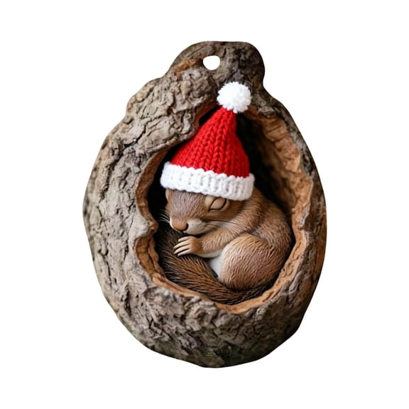 Beautynvta Forest Animal Christmas Ornaments, 3.15'' Small Animal with Red Hat in Tree Hole Ornaments for Christmas Tree, Personalized Acrylic Hanging Ornament, Gifts for Animals Lovers