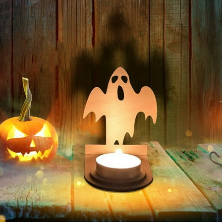 Beautynvta Halloween Candle Holder, Spooky Wooden Ghost Tealight Candle Holders with Shadow Scary Candle Stands Table Decor, Halloween Decorations