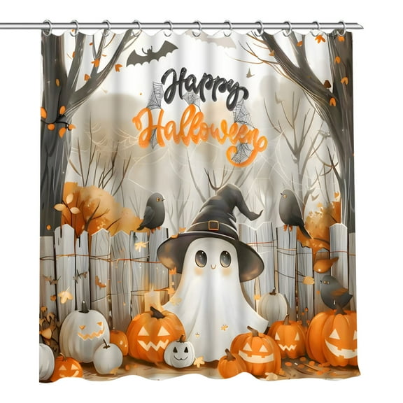Beautynvta Halloween Ghost Shower Curtain, Cute Ghost Fall Forest Pumpkin Bat Autumn Thanksgiving Bathroom Decor Curtain, 70.8''x70.8''