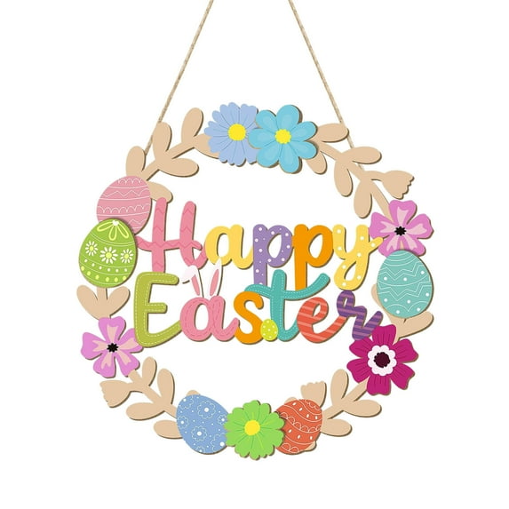 Beautynvta Happy Easter Door Sign Hanging, 11'' Spring Floral Eggs Wood Wreath for Front Door Porch Window Wall Hanging Decor