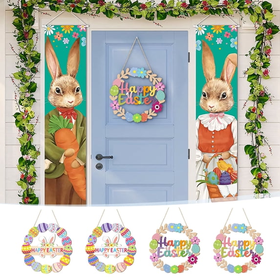 Beautynvta Happy Easter Door Sign Hanging, 11'' Spring Floral Eggs Wood Wreath for Front Door Porch Window Wall Hanging Decor
