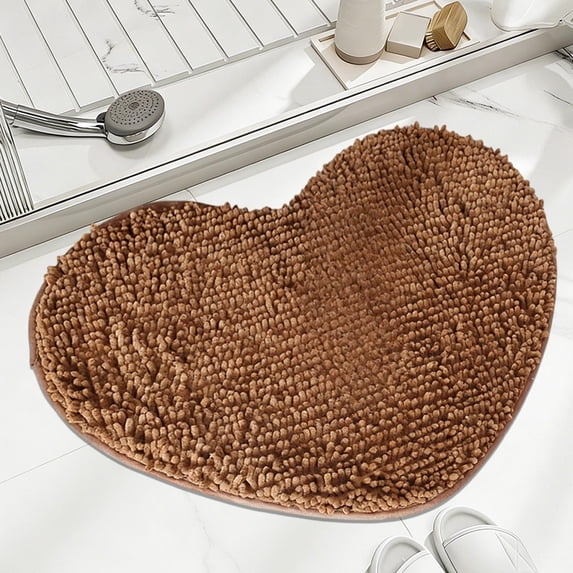 Beautynvta Heart-Shaped Chenille Bath Mat, Soft Absorbent Bathroom Rug, Non-Slip Machine Washable Carpet for Shower, Bedroom, Bathtub, 15.75''x19.7'', Coffee