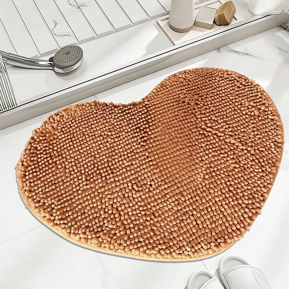 Beautynvta Heart-Shaped Chenille Bath Mat, Soft Absorbent Bathroom Rug, Non-Slip Machine Washable Carpet for Shower, Bedroom, Bathtub, 15.75''x19.7'', Khaki