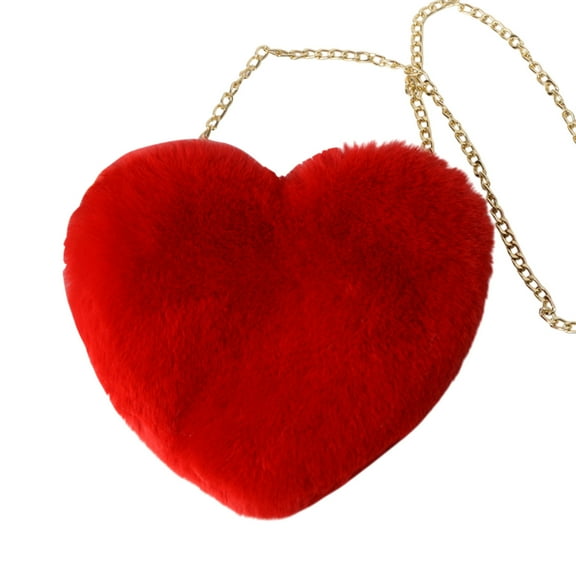 Beautynvta Heart Shaped Crossbody Bag for Women, Plush Heart Shaped Shoulder Bag with Long Chain, Soft Furry Purse for Women, Red