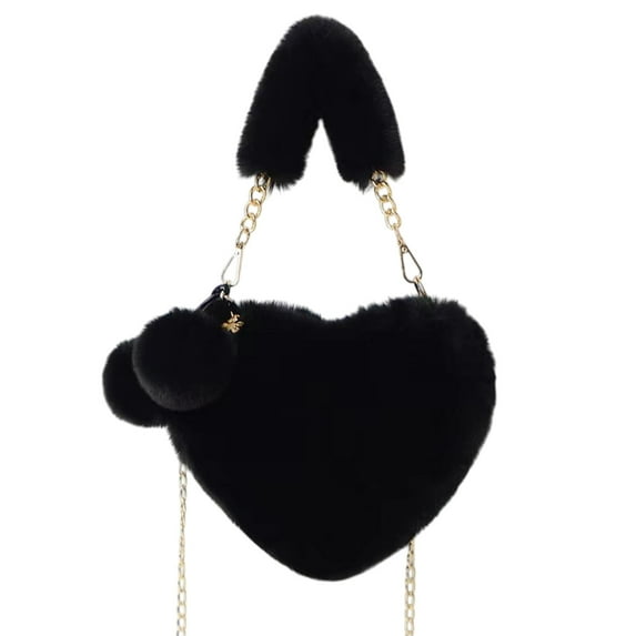 Beautynvta Heart Shaped Purse for Women, Plush Bag Cute Handbags, Crossbody Shoulder Purse with Chain Strap, Soft Small Shoulder Bag, Black