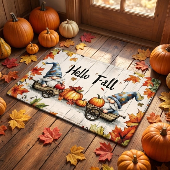 Beautynvta Hello Fall Gnome Pumpkin Doormat, Non-Slip Absorbent Front Door Mat, Autumn Pumpkin Printed Floor Rug for Thanksgiving Harvest Porch Entryway Decor