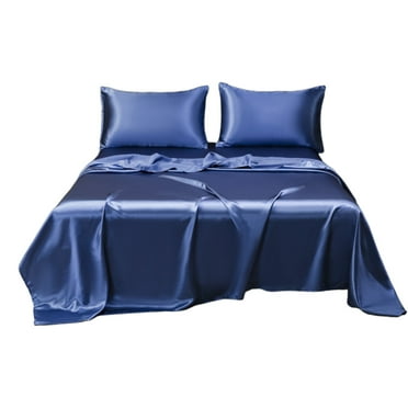Beautynvta King Size Satin Sheet Sets, 3 Piece Silk Microfiber Bed Sheet Set, 1 Flat Sheet, and 2 Pillowcases, Cooling Soft Bedding, Blue