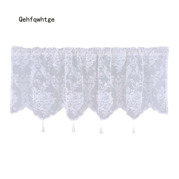 Qehfqwhtge Lace Valances Curtains with 4 Tassels, Rod Pocket Tier Curtain, Embroidered Flowers Leaves Vine Valance for Kitchen Bedroom, 52''x18'', White