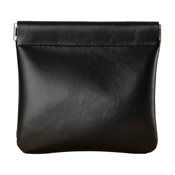 Beautynvta Leather Squeeze Coin Purse, Mini Coin Purse, Portable Coin Purse Pouch Change Holder for Men & Women, 4.7''x4.3'', Black