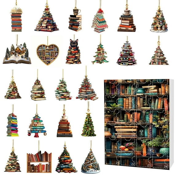 Beautynvta Merry Christmas Advent Calendar 2025, 24 Days Christmas Countdown Calendar with Acrylic Christmas Tree Shaped Bookshelf Pendant, Stacked Books Ornament, Gifts for Book Lovers
