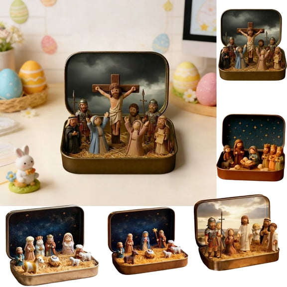 Beautynvta Mini Christmas Nativity Set in Tin Box, Portable Holy Family Figurines with Detailed Sculptures, Small Religious Ornament, for Desk, Shelf, Office