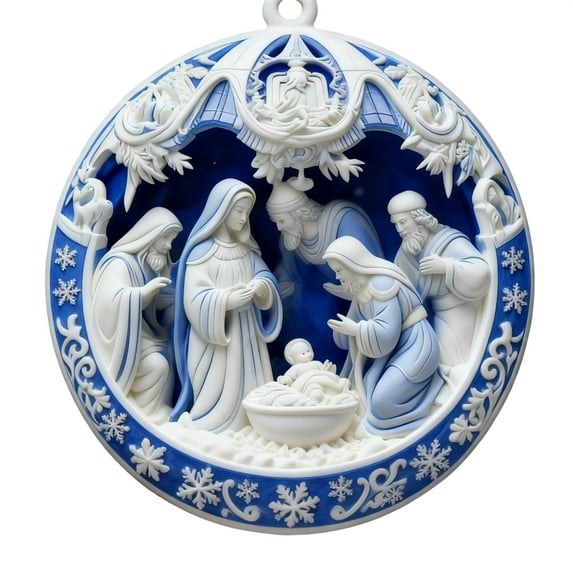 Beautynvta Nativity Scene Christmas Tree Ornament, 3.15'' Blue White Round Acrylic Ornaments, The Birth of Jesus Hanging Pendant for Xmas Tree Christian Decor