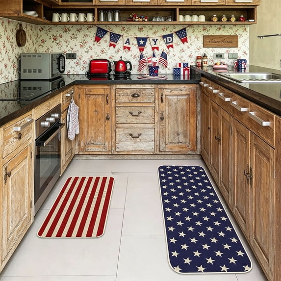 Beautynvta Patriotic Star & Striped Kitchen Rug Set, 2-Piece Non-Slip Absorbent Mats for 4th of July, Independence Day Home Kitchen Decor, 15.75x23.6+15.75x47.2 Inch