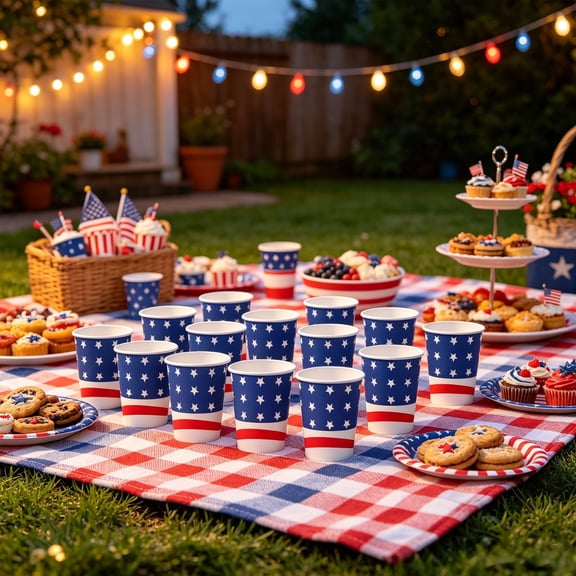 Beautynvta Patriotic Tableware Set, 24 Pcs American Flag Stars Stripe Paper Cups, 4th of July Disposable Paper Cups Set for Memorial Day, Independence Day Table Decor