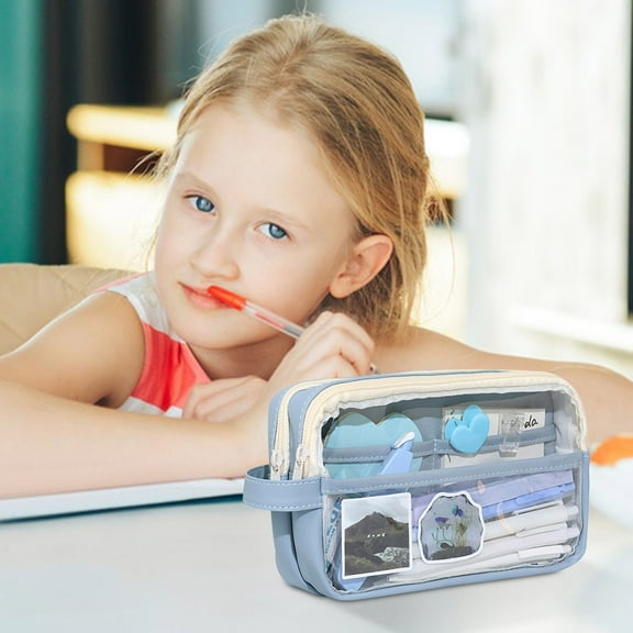 Beautynvta Pencil Case, Large Capacity Stationery Bag with 2 Zipper Compartments, Portable Lightweight Pencil Pouch with Lanyard, Waterproof Travel Stationery Bag