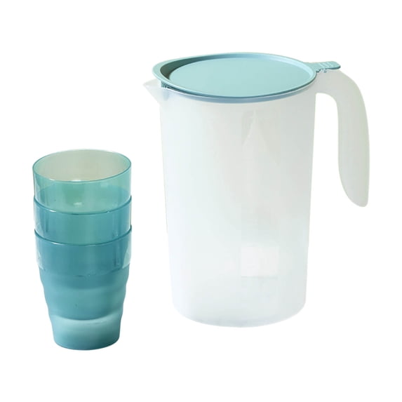 Beautynvta Plastic Pitcher with Lid, 1400 ML Cold Kettle and 3 Cups, Unbreakable Water Pitcher, Summer Drink Bucket, Clear Ice Tea Pitcher for Fridge, Blue