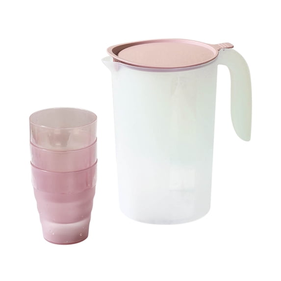 Beautynvta Plastic Pitcher with Lid, 1400 ML Cold Kettle and 3 Cups, Unbreakable Water Pitcher, Summer Drink Bucket, Clear Ice Tea Pitcher for Fridge, Pink