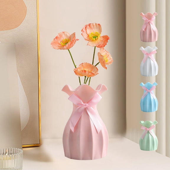 Beautynvta Plastic Vase with Ribbon, Bow Vase, Shatterproof Bow Vase for Home Bedroom Wedding Office Desk Decoration, Pink