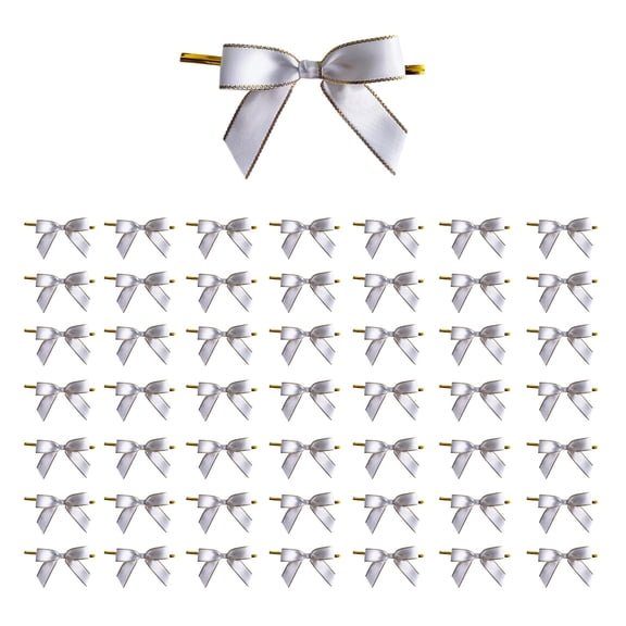 Beautynvta Ribbon Bows, 50 Pack Tie Bows for Treat Bags, Ribbon Bow Sealing Ties for Candy Bag, Ribbon Bows for Package Gift Wrapping Decoration, White