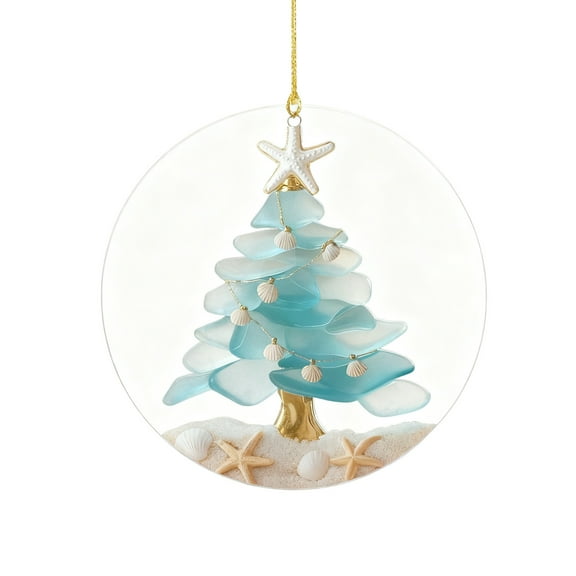 Beautynvta Round Christmas Tree Ornaments, Sea Glass Christmas Tree Decorations, Unique Acrylic Beach Tree Pendant,Coastal Christmas Ornament for Holiday Decor, Xmas Gift