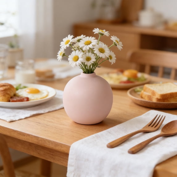 Beautynvta Round Plastic Vase, Ceramic-Look Decorative Vase for Flowers, Modern Art Decorative Vase, Unbreakable Vase for Living Room Dining Wedding Bouquet Decor, Pink