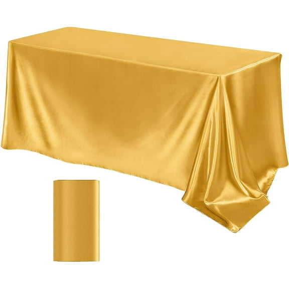 Beautynvta Satin Tablecloth, 8.53x4.76 Ft Overlay Satin Table Cover, Wedding Rectangle Bright Silk Tablecloth for Wedding Banquet Table Decoration, Gold