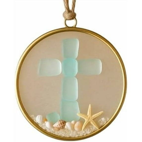 Beautynvta Sea Glass Christmas Ornament, 3.15'' Round Acrylic Christmas Decor, White Beach Golden Round Frame Hanging Pendant for Christmas Tree Decorations