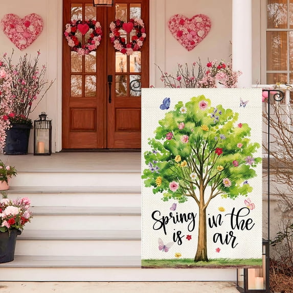 Beautynvta Spring Garden Flag, 12''x18'' Double Sided Green Tree Butterfly Printed Linen Flag, Outdoor Welcome Yard Flag for Spring Holiday Display