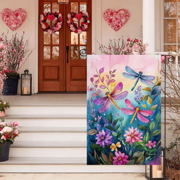 Beautynvta Spring Garden Flag, 12''x18'' Double Sided Spring Flowers and Dragonfly Printed Linen Flag, Outdoor Welcome Yard Flag for Spring Holiday Display