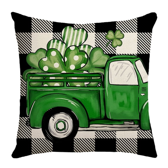 Beautynvta St. Patrick's Day Pillow Cover, 18x18 Inch Green Shamrocks Truck Throw Pillowcase Irish Linen Cushion Cover for Couch Sofa Living Room Home Decor