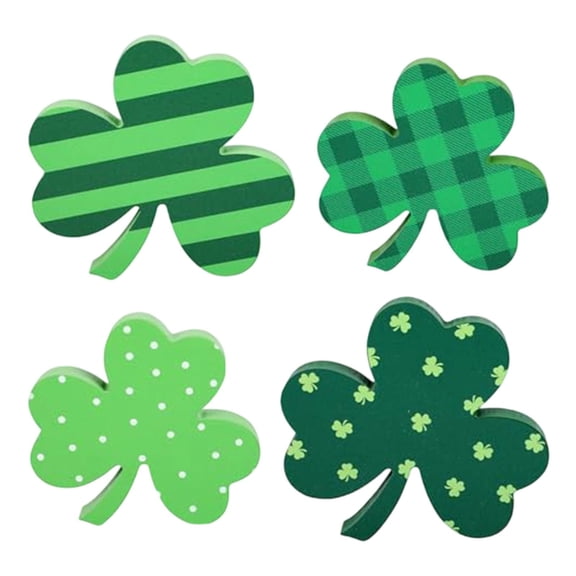 Beautynvta St. Patrick's Day Tiered Tray Decor Set of 4, 4 Pcs Wooden Green Clover Shaped Tabletop Ornaments for Shelf Mantel Office Desk March Home Decor